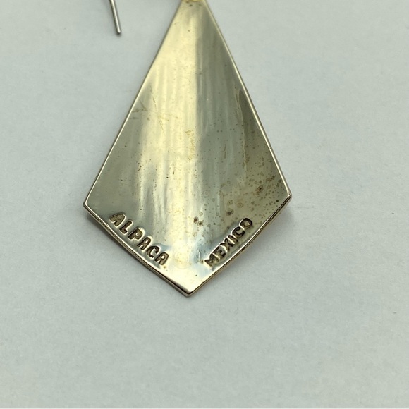 Vintage Alpaca Mexico Silver Drop Earrings Black Inlay Chevron Diamond - Picture 6 of 9